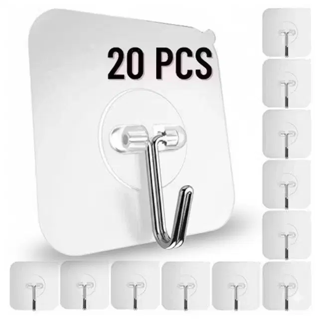Plastic Wall Hooks, Transparent (Pack of 20)