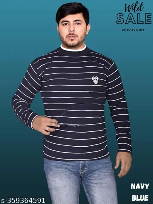 Woolen Striped Sweater for Men (Navy Blue, L)
