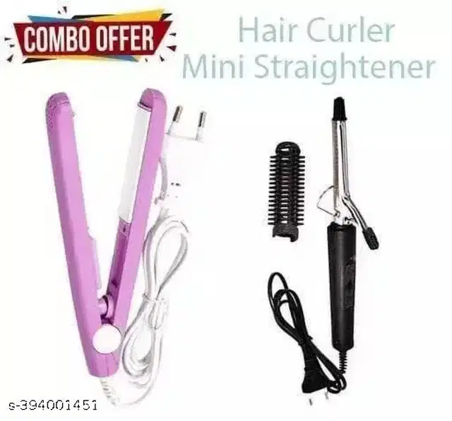 Mini Straightener & Hair Curler Combo, Multicolor, Set of 2