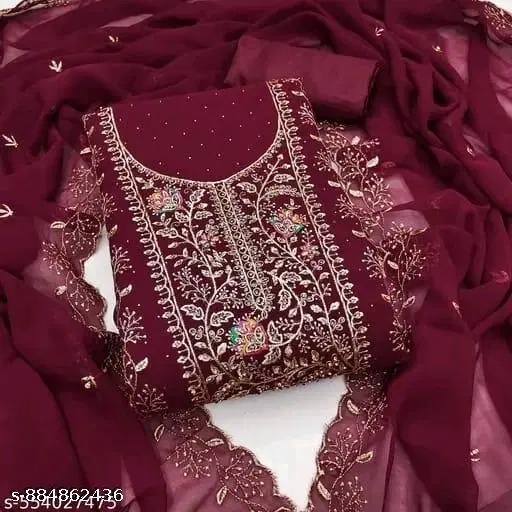 Georgette Embroidered Punjabi/All Over Suits for Women (Maroon, Un Stitched)