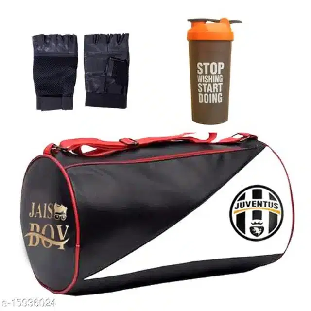 Combo of Gym Bag with Shaker Bottle, 400 ml, Gloves, Multicolor, Set of 3
