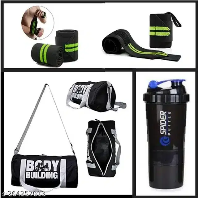 Combo of Gym Bag with Shaker Bottle, 400 ml, Wrist Support Bands, Multicolor, Set of 3