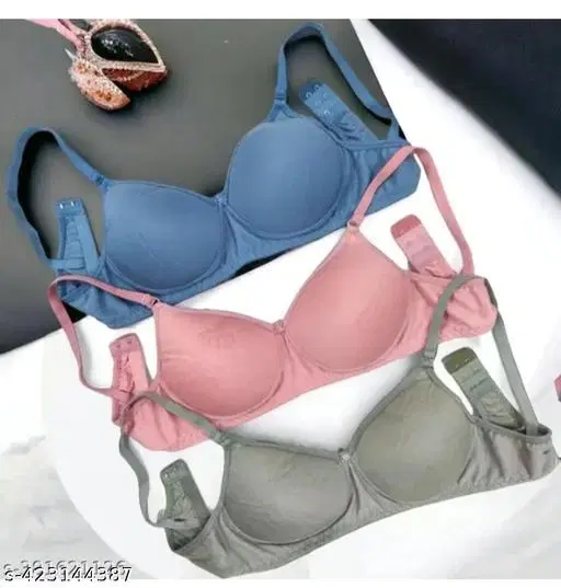 Cotton Blend Solid Bra for Women & Girls, Multicolour, Pack of 3 (32B)