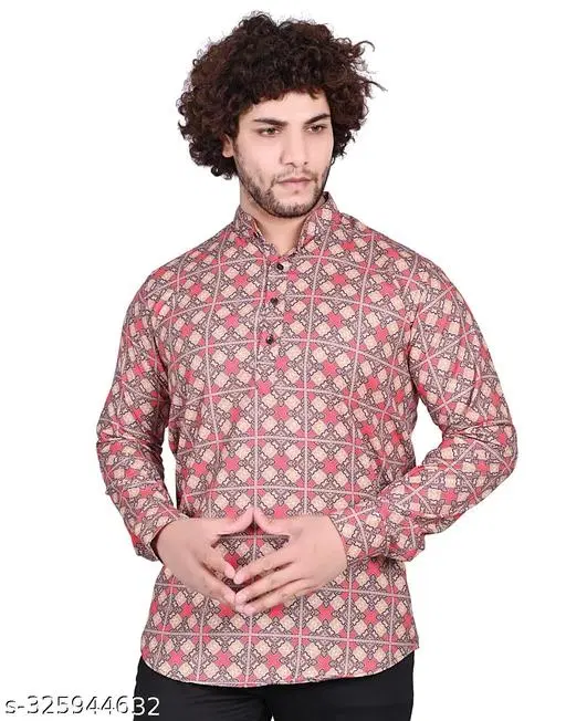 Cotton Blend Printed Short Kurta for Men, Multicolor (M)