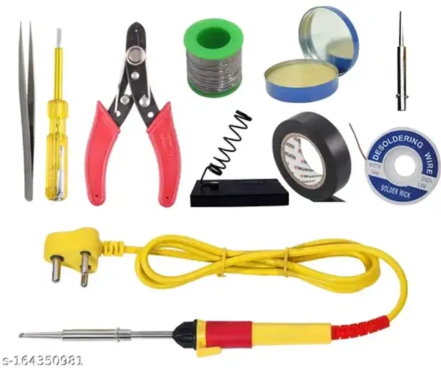 , 10 in 1 Soldering Iron Tool Kit, 25 W | Iron | Wire | Flux | Wick | Stand | Cutter | Tweezer | Tape | Tester | Bit