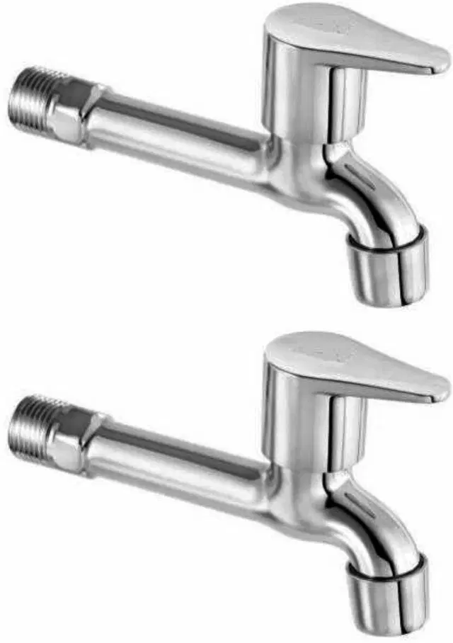 Stainless Steel Long Body Bib Cock Tap with Wall Flange, Silver, Set of 2