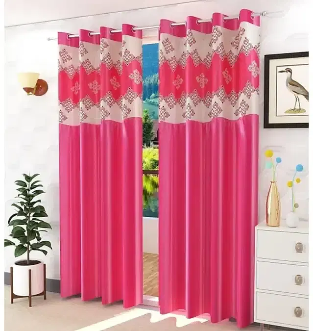 Polyester Patch Worked Window & Door Curtains, Pack of 2, Pink, 5 feet