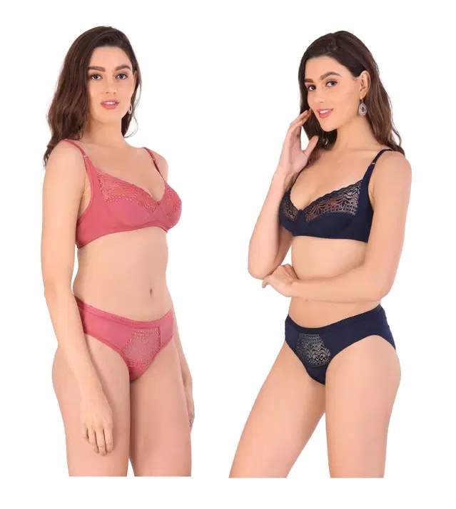 Cotton Blend Solid Non Padded Lingerie Set for Women, Pack of 2 (Multicolor, 30)