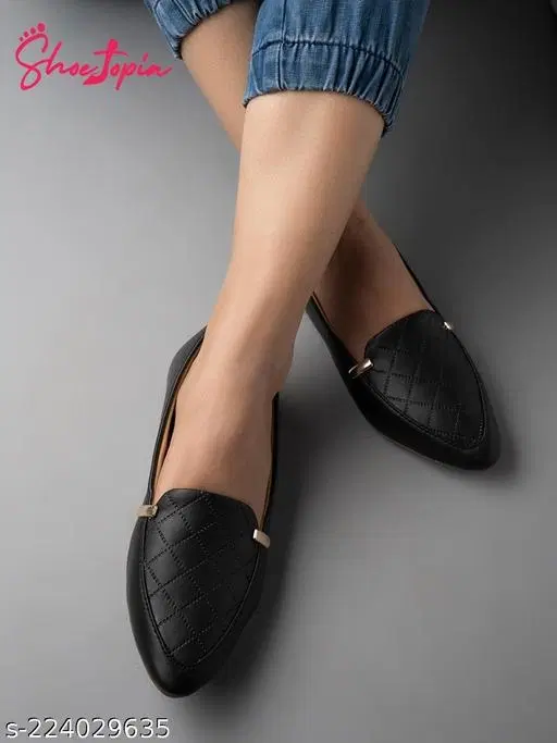 Solid Pointed Toe Ballerinas for Women (Black, IND-3)
