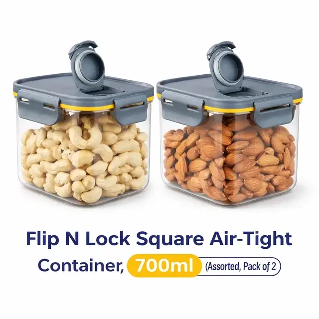 Flip N Lock Square Air-Tight Container, 700ml (Assorted Colour, Pack of 2)