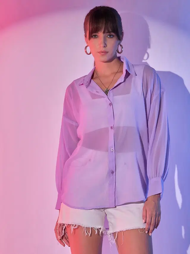 Full Sleeves Solid Shirt for Women (Lavender, XL)