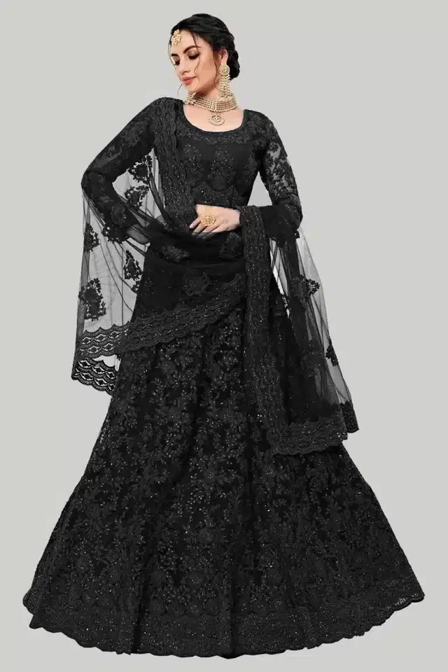 Net Embroidred Semi Stiched Lehenga Choli for Women (Black)