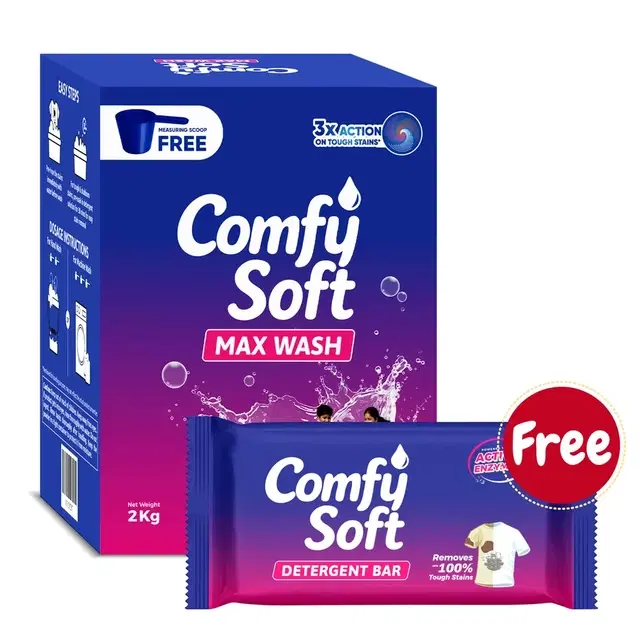 Comfy Soft Max Wash Detergent Powder 2 Kg Box + Comfy Soft  Detergent Bar 200 g