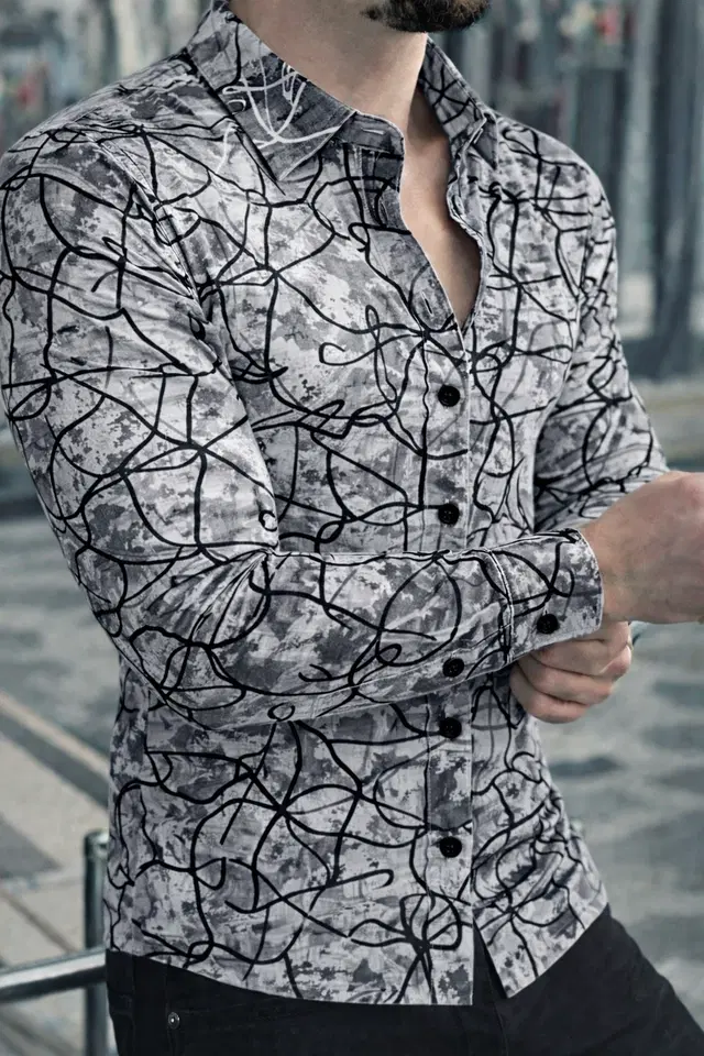 Lycra Geometric Print Shirt for Men, Grey (L)
