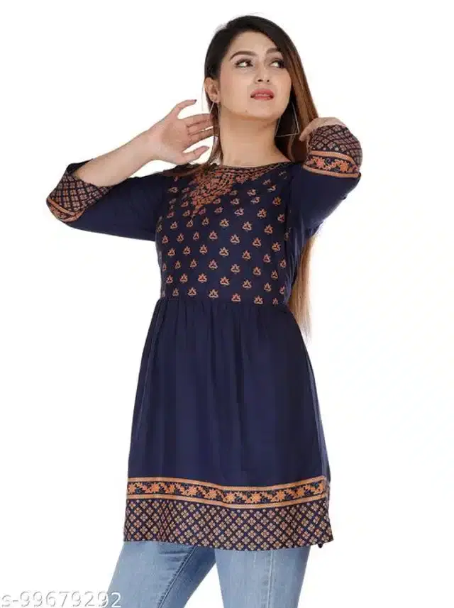 Anarkali Rayon Printed Kurti for Women (Navy Blue, M)