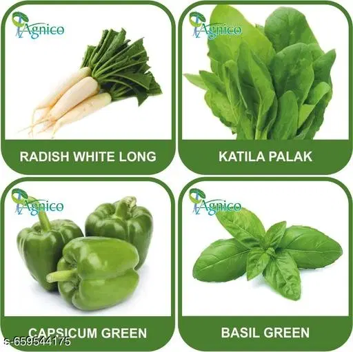 4 Vegetable Seeds Combo With Instruction Manual(Radish White Long/Katila Palak/Capsicum Green/Basil Green)