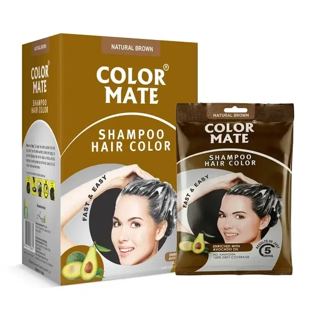 Color Mate Shampoo Hair Color With Avocado Oil | 100% Grey Coverage, Ammonia-Free, Long-Lasting Conditioning Hair Dye For Men & Women | Natural Brown 15 ml (Pack Of 1)