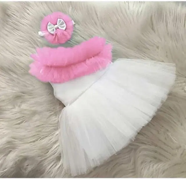 Net Solid Frock for Girls (Pink & White, 9-12 Months)