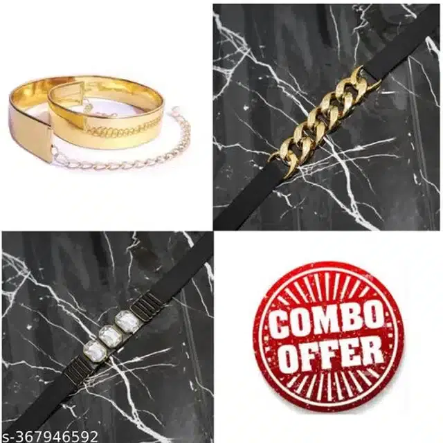 Fancy Belts for Women, Pack of 3 (Gold & Black)
