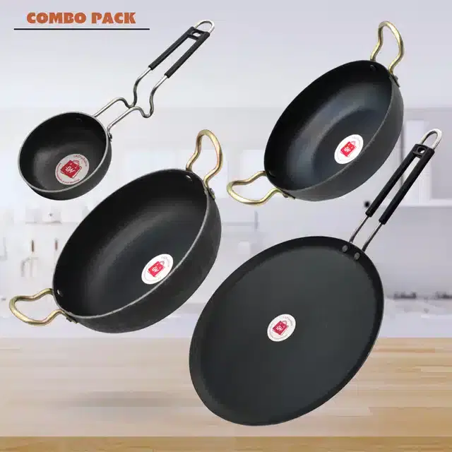 Frying Pan & Tawa Set, Pack of 4, Black, 1200 ml