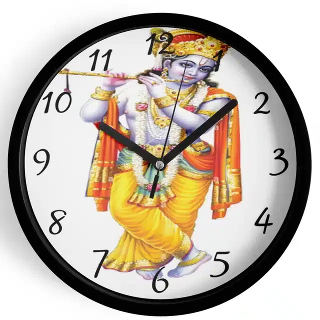 Analog Lord Krishna Wall Clock for Home, Black, 7 Inches