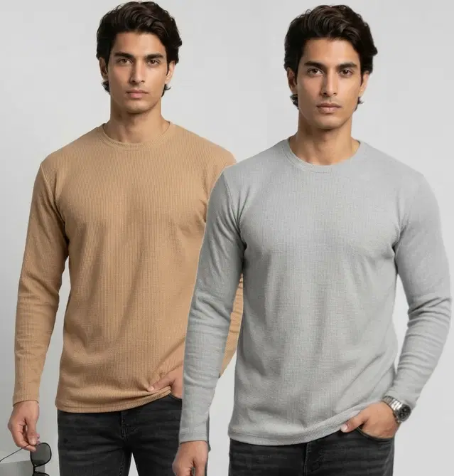 Polyester T-shirt for Men, Beige & Grey, Pack of 2 (M)