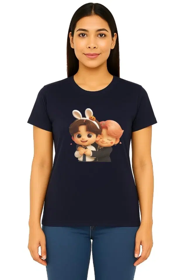 Cotton Blend Printed T-shirt for Women, Navy Blue (S)