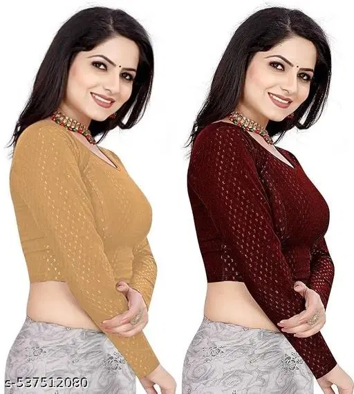 Lycra Ready Made Blouse for Women, Yellow & Maroon, Pack of 2 (26)