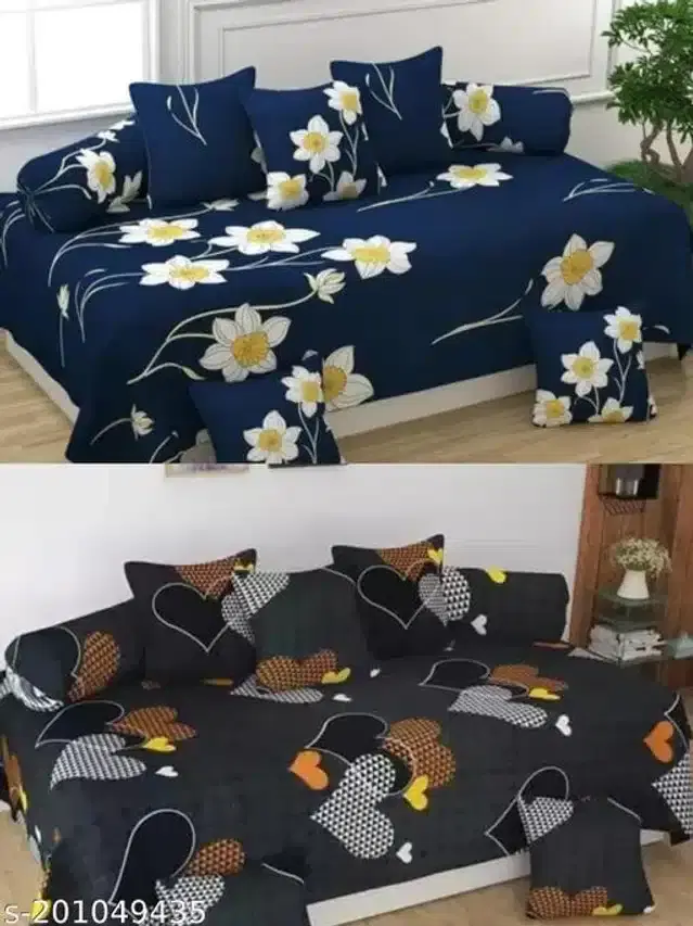 Polycotton Diwan Cover Set, Navy Blue & Black, Combo of 2