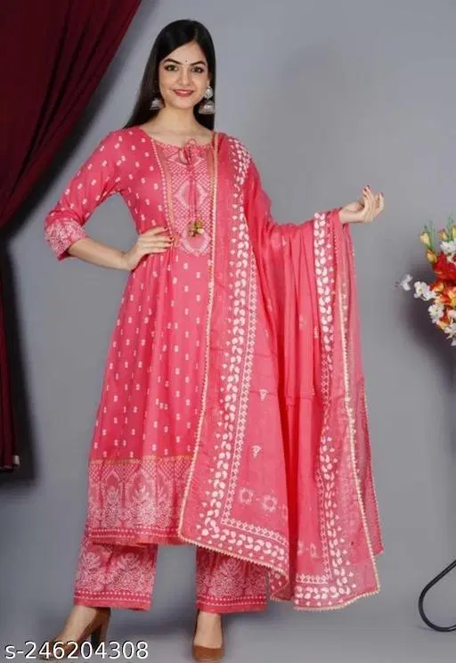 Rayon Printed Anarkali Kurti with Pant & Dupatta Set for Women, Pink (S)