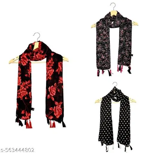 Poly Chiffon Scarves for Women, Black, Pack of 3