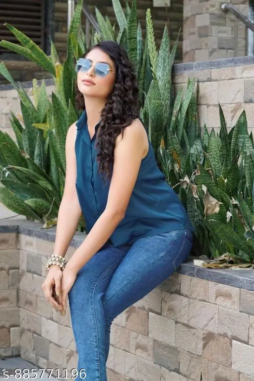 Sleeveless Cotton Shirt for Women (Teal, S)