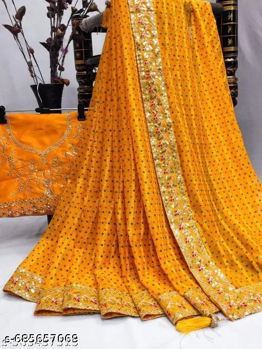 Chiffon Solid Saree For Women, Yellow