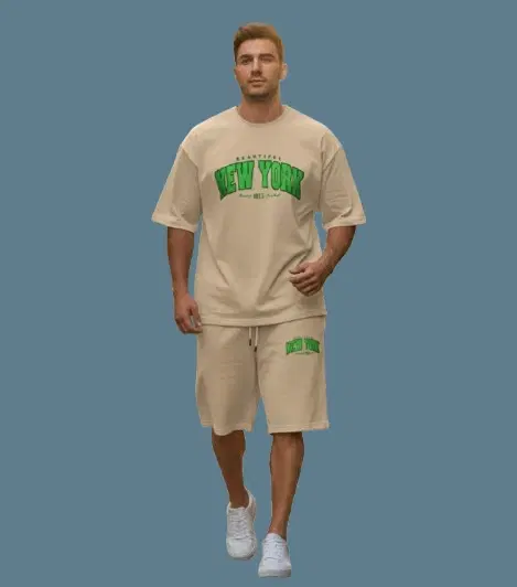 Polyester Printed T-shirt With Matching Shorts, Beige (S)