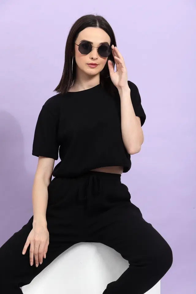 Cotton Blend Top & Bottom Set for Women (Black, M)