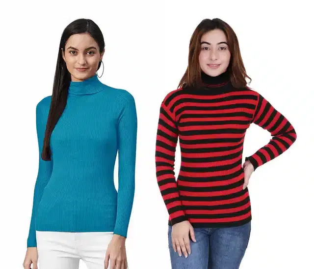 Full Sleeves Solid Sweater for Women, Pack of 2 (Aqua Blue & Maroon, S)