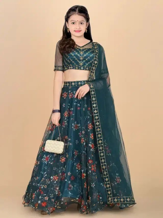 Net Embroidered Semi Stitched Lehenga for Girls (Blue, 3-4 Years)