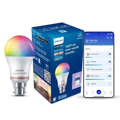 Philips WiZ 9w B22 Wi-Fi & Bluetooth Led Smart Bulb With Music Sync, Compatible With Amazon Alexa & Google Assistant, 16 Million Colours & Motion Sensing Technology | Pack Of 1