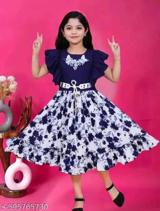 Printed Cotton Fit And Flare Dress for Girls (Blue, 11-12 Years)