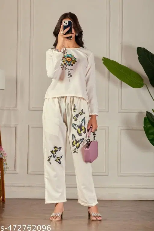 Cotton Blend Butterfly Print Top with Matching Pant Set for Women (Cream, M)