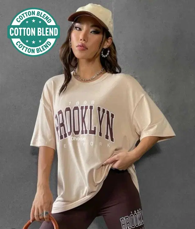 Round Neck Printed T-Shirt for Women, Beige (M)