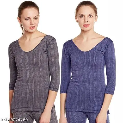 Woolen Thermal Top for Women, Pack of 2 (Grey & Blue, XS)