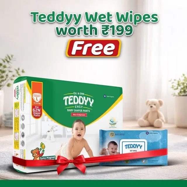 Teddyy Baby Pants Easy (Large) 62 Pcs + Free Teddy Wet Wipes (With Lid) 72 Pcs