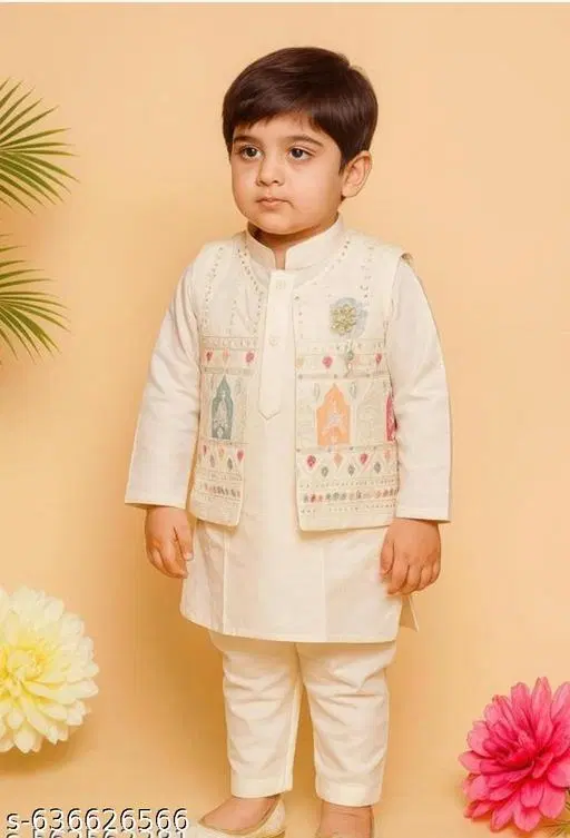 RK TRADERS Kalamkari Embroidered Cotton Kurta Set for Boys (White, 3-4 Years)