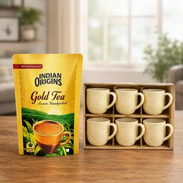 Ceramic Tea & Coffee Cup, Yellow [140 ml, Pack of 6] + Indian Origins Gold Tea [100 g]