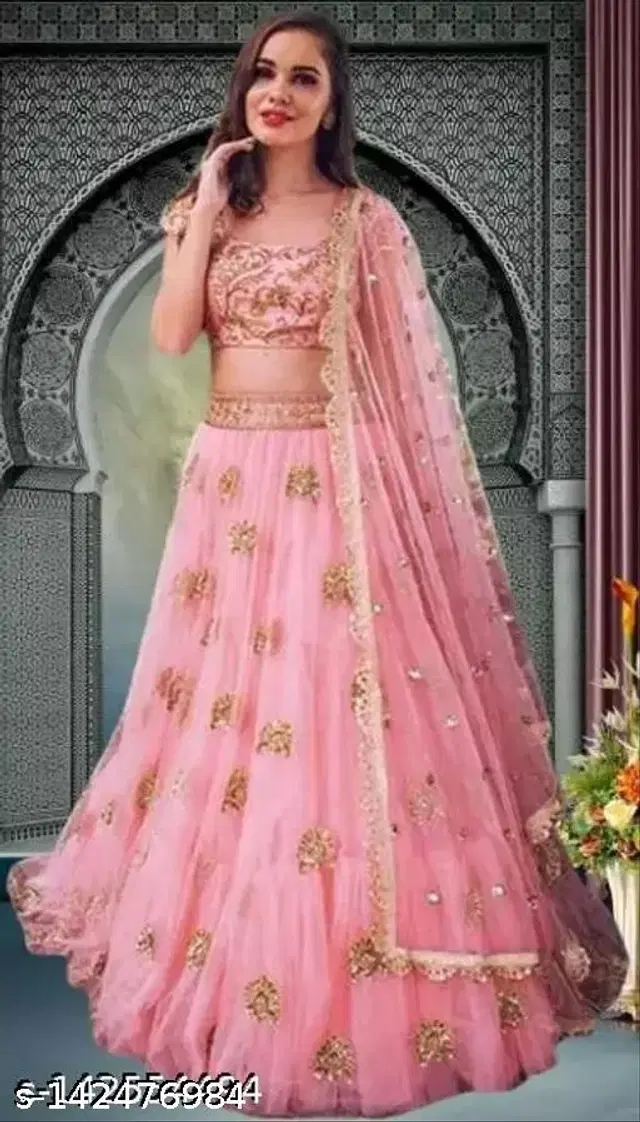 Net Lehenga with Choli & Dupatta for Women (Pink)