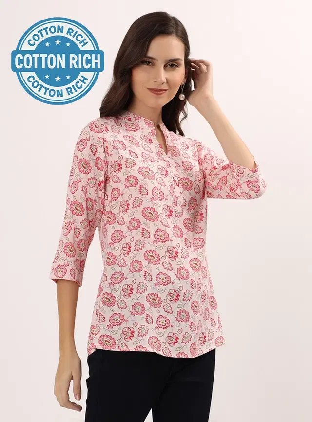 Womens Pink Floral Print short Kurti, Pink (L)