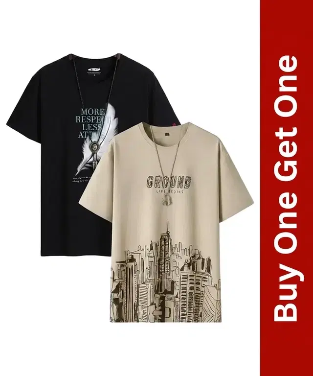 Round Neck Feather Printed T-Shirt for Men, Buy 1 Get 1, Black & Beige, M