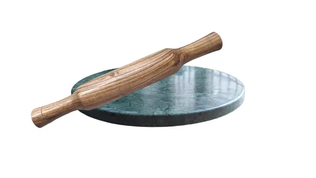 Marble Roti Maker Chakla, 9 inches with Wooden Belan, 12 inches, Green & Brown, Set of 1