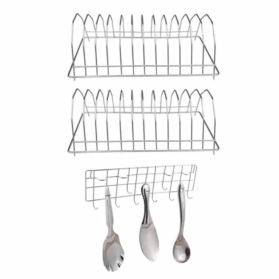 Oc9 Stainless Steel Plate Stand & Wall Mounted Ladle Hook Rail For Kitchen, Pack Of 2